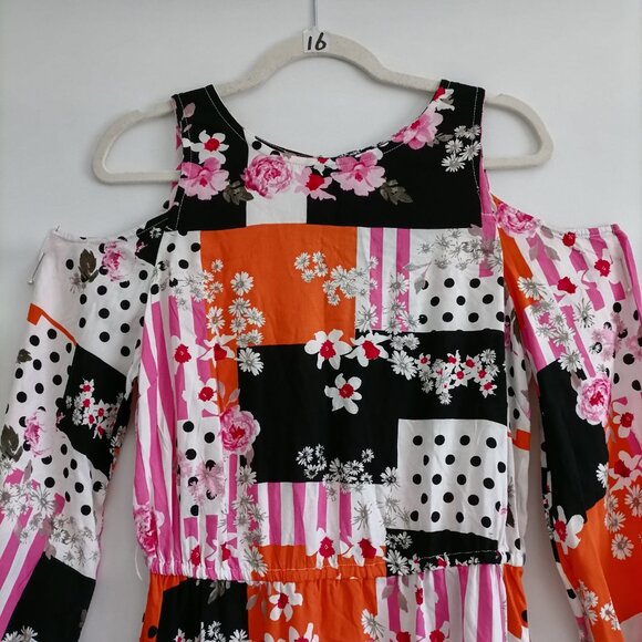 Cato Womens Multicolor Polka Dot Patchwork Print Cold Shoulder Dress Size Medium - Picture 2 of 6
